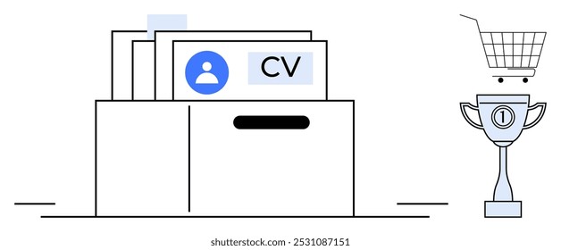 Um conjunto de arquivos em uma caixa rotulada com um ícone de usuário e CV, um carrinho de compras e um troféu. Ideal para currículos, procura de emprego, conquistas, definição de metas e sucesso. Estilo moderno simples