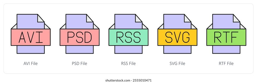 A set of files icons as avi file, psd file, rss file