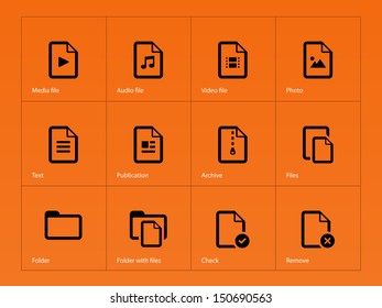Set of Files icons on orange background. Vector illustration.
