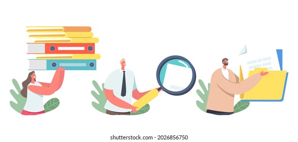 Establecer la organización de archivos, Administración de documentos. Caracteres de negocio con carpetas, tarjetas de vidrio y papel de aumento. Almacenamiento de Archivos de Datos, Catálogo de Bases de Datos de Información. Ilustración del vector de dibujos animados