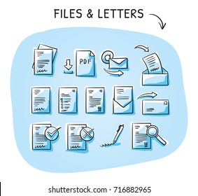 Set With Files And Paper Icons As Checklist, Form, Application, Contract, PDF, Certificate And Signature. Hand Drawn Sketch Vector Illustration, Blue Marker Style Coloring On Plain Background.