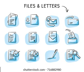 Set With Files And Paper Icons As Checklist, Form, Application, Contract, PDF, Certificate And Signature. Hand Drawn Sketch Vector Illustration, Blue Marker Style Coloring On Single Blue Tiles. 