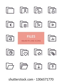 Set of Files related vector line icons. Contains icons such as Media, Financial, Statistic, Favourites and more. 48x48px with editable stroke. 