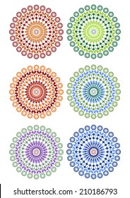 A set of filigree circle patterns in different color variants