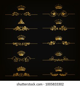 Set of filigree damask ornaments. Floral golden elements, borders, dividers, frames, crowns for page, web design. Page decoration in vintage style on black background. Vector illustration EPS 10.