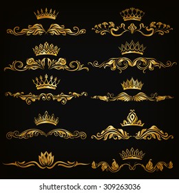 Set Of Filigree Damask Ornaments. Floral Golden Elements, Borders, Dividers, Frames, Crowns For Page, Web Design. Page Decoration In Vintage Style On Black Background. Vector Illustration EPS 10.