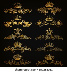 Set of filigree damask ornaments. Floral golden elements, borders, dividers, frames, crowns for page, web design. Page decoration in vintage style on black background. Vector illustration EPS 10.