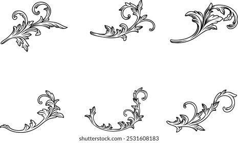 Set of Filigree elements engraved in black ink isolated on white background. Vintage baroque engraving floral scroll ornament vector illustration. 