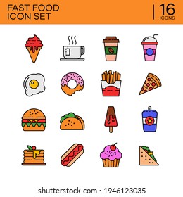 Conjunto de iconos de color de relleno de varios tipos de comida rápida. Adecuado para elementos de diseño a partir del menú de café, la tienda de comida rápida y el producto promocional de restaurantes.