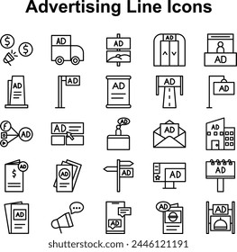 Set of Fill icons related to Advertisement and Advertising. Includes brochures, TV Advertisements, Announcements etc.
