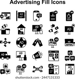 Set of Fill icons related to Advertisement and Advertising. Includes brochures, TV Advertisements, Announcements etc.