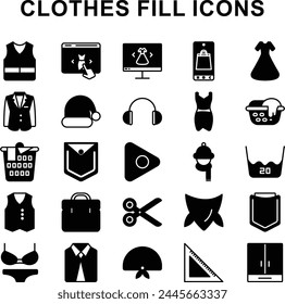 Set of fill icons related to clothes. Includes Dress, t-shirt, jeans, coat, jacket pants, skirt etc.