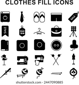 Set of fill icons related to clothes. Includes Dress, t-shirt, jeans, coat, jacket pants, skirt etc.