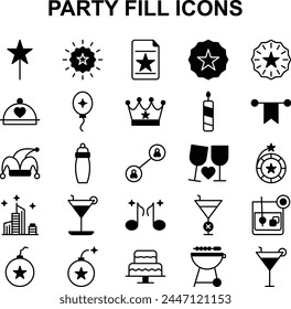 Set of fill icons related to party. Includes Balloons, Cake, Flags etc.