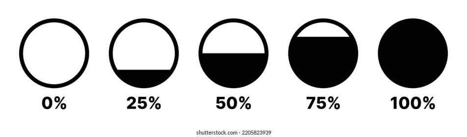 Conjunto de círculo relleno del icono 0 al 100%. Símbolo de forma circular vector parcialmente completo.