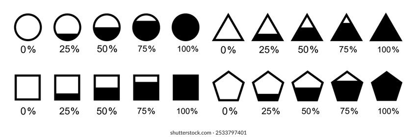 Conjunto de círculo preenchido de 0 a 100 por cento ícone. Figuras geométricas como triângulo, quadrado, pentágono. Ilustração vetorial