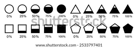 Set of filled circle from 0 to 100 percent icon. Geometric figures such as triangle, square, pentagon. Vector illustration