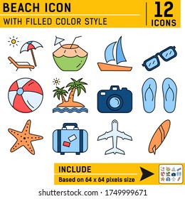 Set of filled color travel and vacation vector icons. Palm tree, sailing ship, beach ball, camera, surfing board, plane, sunglasses, suitcase, starfish and sunbed. Based 64x64 pixels size. EPS file