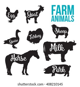 set of filled contours of farm animals. Different size and type animals with black lettering that says about food