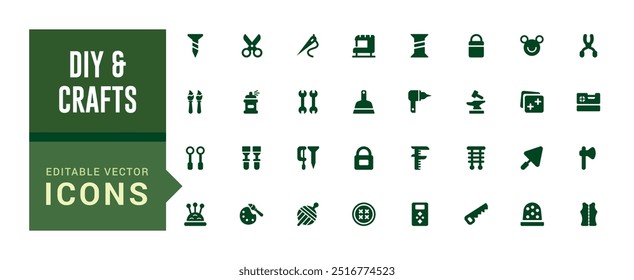 Conjunto de iconos de manualidades rellenas y de bricolaje. Icono con iconos de bricolaje. Colección de icono de glifo para Web y ui. Paquete de iconos lleno, trazo editable. Conjunto de iconos sólidos. Ilustración vectorial.