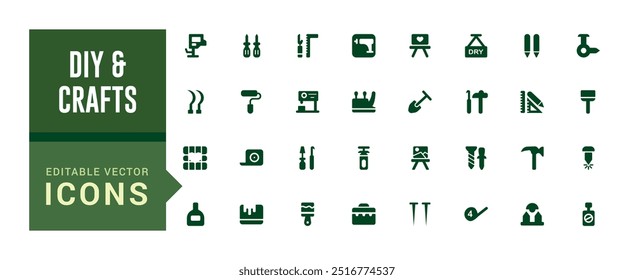 Conjunto de iconos de manualidades rellenas y de bricolaje. Icono con iconos de bricolaje. Colección de icono de glifo para Web y ui. Paquete de iconos lleno, trazo editable. Conjunto de iconos sólidos. Ilustración vectorial.