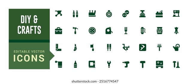 Conjunto de iconos de manualidades rellenas y de bricolaje. Icono con iconos de bricolaje. Colección de icono de glifo para Web y ui. Paquete de iconos lleno, trazo editable. Conjunto de iconos sólidos. Ilustración vectorial.