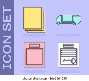 Set Filled form, Clean paper, Empty form and Delivery cargo truck with shield icon. Vector