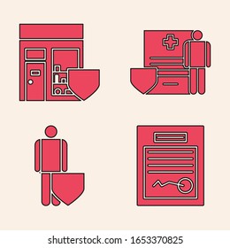 Set Filled form, Shopping building with shield, Medical clipboard with clinical record and Life insurance with shield icon. Vector