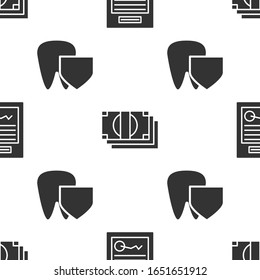 Establecer formulario relleno, Apila dinero en papel y Diente con escudo en un patrón transparente. Vector