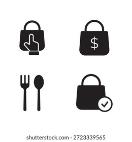 Eine Reihe gefüllter Symbole für E-Commerce, Online-Einkauf, Lebensmittelbestellung und vollständigen Status.