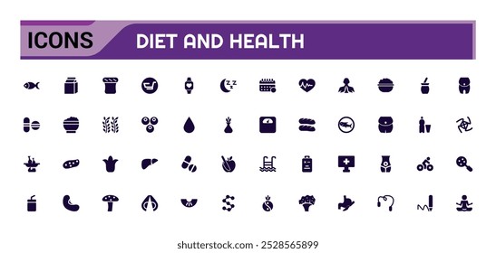 Set of filled icons related to diet and health, mental health and more, glyph icon collection for web and ui. Filled symbol pack, Editable and Vector illustration.