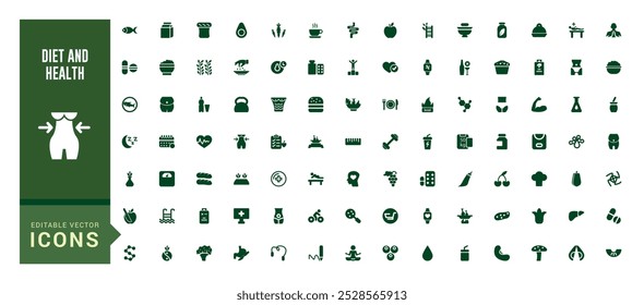 Set of filled icons related to diet and health, mental health and more, glyph icon collection for web and ui. Filled symbol pack, Editable and Vector illustration.