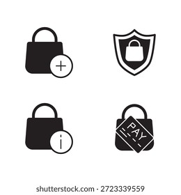 Conjunto de ícones preenchidos para compra, informações, pagamento e adição de itens com segurança.
