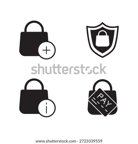 Set of filled icons for secure purchase, information, payment, and adding item.