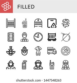 Set of filled icons such as Bond, Cradle, Walkie talkie, Important delivery, Confetti, Ribs, Referee, Sundial, Railway carriage, No bomb, Faravahar, Semitic neopaganism , filled