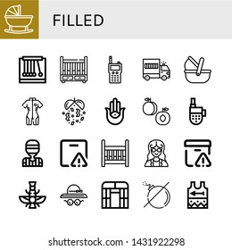 Set of filled icons such as Cradle, Pendulum, Walkie talkie, Prisoner transport vehicle, Moses basket, Neoprene, Confetti, Semitic neopaganism, Peach, Referee, Important delivery , filled