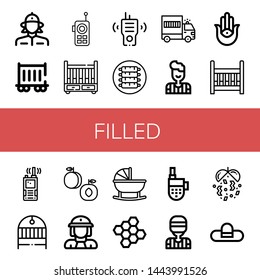 Set of filled icons such as Firewoman, Railway carriage, Walkie talkie, Cradle, Ribs, Prisoner transport vehicle, Referee, Semitic neopaganism, Peach, Bond, Confetti , filled