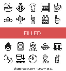 Set of filled icons. Such as Moses basket, Pamela hat, Faravahar, Walkie talkie, Neoprene, Cradle, Singlet, Semitic neopaganism, Peach, Ribs, Use pallet, Mathematician , filled icons