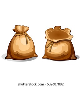 A set of filled and open an empty canvas bags isolated on white background. Vector cartoon close-up illustration.

