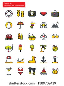 Set of Filled outline icon related with tour, travel and summer. Pixel perfect grid. Editable stroke.