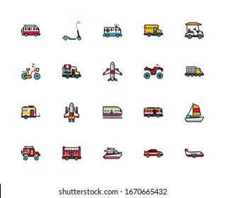 Set of filled outline icon related with transportation. Editable stroke. Outline icons suitable for web, infographics, interface and apps.