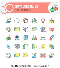 Set of filled outline icons on following topics Customer Service, Support, Customer Relationship Management and other. Each icon neatly designed on pixel perfect 32X32 size grid. 
