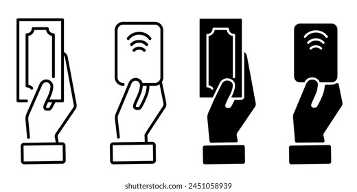 Set of filled and outline icons of payment methods. Credit card processing, hand holding debit-credit card and cash and receipt.