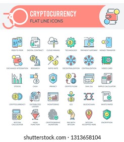Set of filled outline multicolor icons on following themes - cryptocurrency, blockchain, cloud mining, finance technology and other. Each icon neatly designed on pixel perfect 32X32 size grid. 