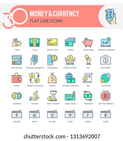 Set of filled outline multicolor icons on following themes - finance, banking, money, currency and other. Each icon neatly designed on pixel perfect 32X32 size grid.