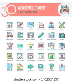 Set of filled outline multicolor icons on following themes – web design, web development, responsive design and other.