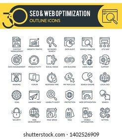 Set of filled outline multicolor icons on following themes – SEO services, internet marketing, web development, web optimization, internet security and other.