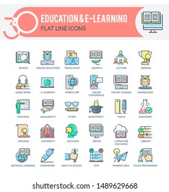 Set of filled outline multicolor icons on following themes - education, science, online training and courses, university and distance education. 