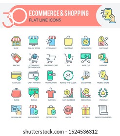 Set of filled outline multicolor icons on following themes - ecommerce, commerce and shopping. 
