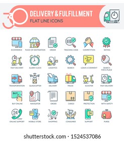 Set of filled outline multicolor icons on following themes - ecommerce, commers, shipping, delivery and fulfillment.